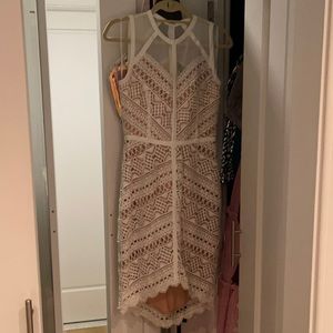 White crochet over nude lining cocktail dress. Perfect for a bride. Sheer top.